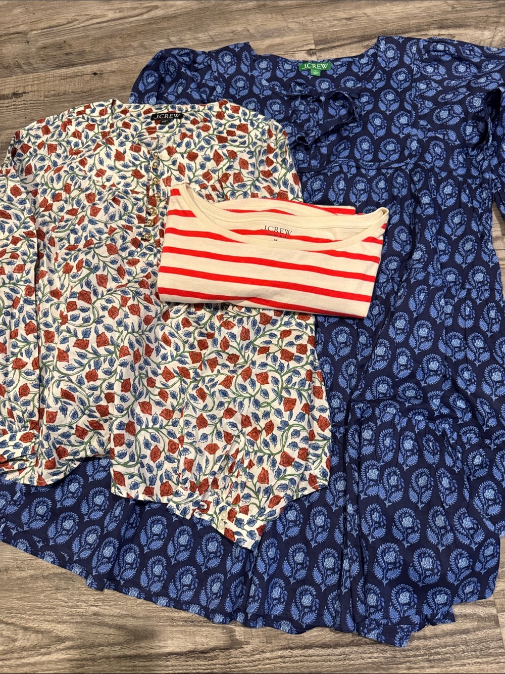 J. Crew 3 piece lot.   M Navy dress. L Floral top and med stripe tee